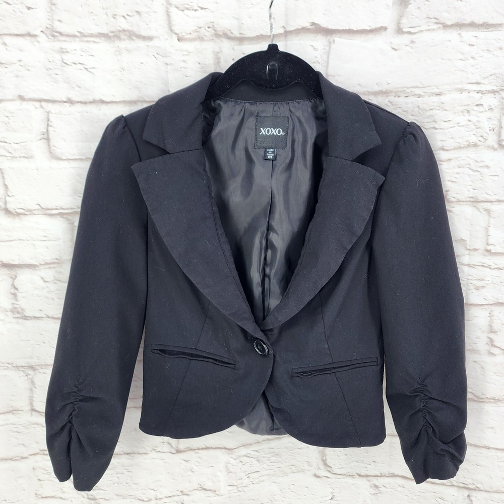 Vintage Y2K Crop Blazer Jacket Office Vixen Brat Black Plunge Scrunch‎ Sleeve XS
